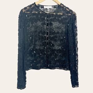 Vintage Cecily Brown Black Floral Sequin Beaded Sheer Mesh Jacket Size Small